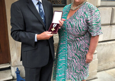 Robin Sherwood with Lewis-Manning Hospice Care CEO Clare Gallie.