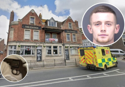 Brown, above, was jailed after the gun, inset left, was found in a room at The George Hotel. Pictures: Dorset Police/Google.