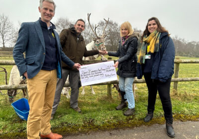 The Nutley Farm cheque presentation (from left): Dorset and Somerset Air Ambulance chief executive Charles Hackett, Julian Hubbuck, ‘Parsnip’ the reindeer, Anne Roots and charity supporter engagement officer Becky Heath