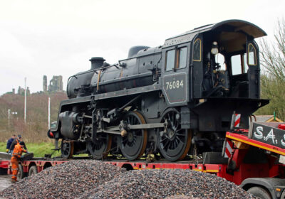 76084 arrives on Swanage Railway at Norden, Friday 17 March 2023. Photo: Andrew PM Wright