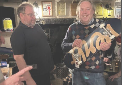 Nigel from Skatenotbored in Wareham won his own prize in the raffle and is giving it to a local youngster