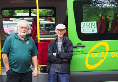 A Dorset Community Transport driver and new passenger by the 2RN shuttle bus PHOTO: Pam Bowyer-Davis