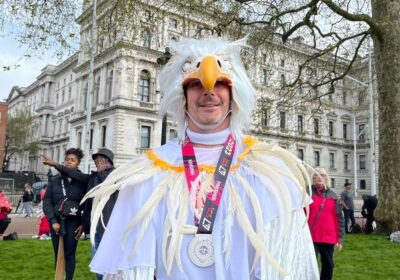Ryan Martin, from Ridge, ran the marathon dressed as an eagle