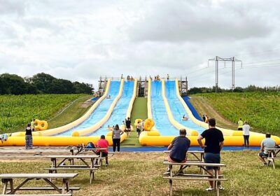 The Mega Slip and Slide attraction is between Wimborne and Corfe Mullen