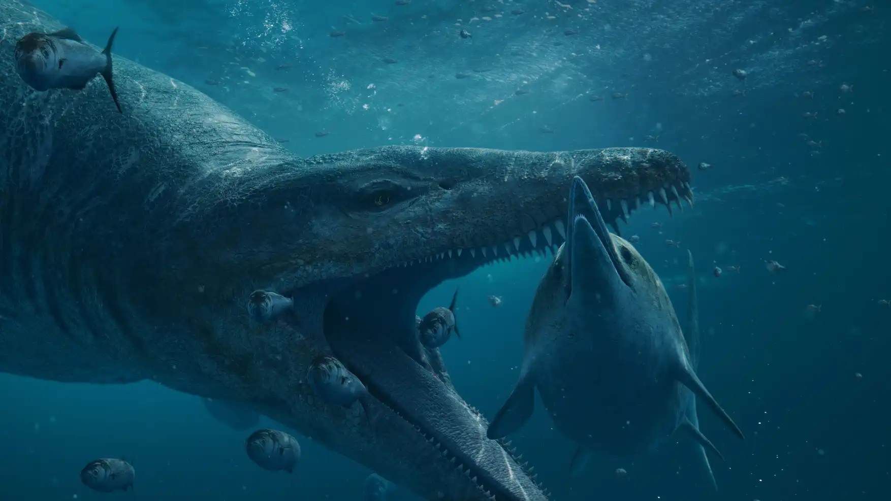 A recreation of a pliosaur attacking an icthyosaur. Picture: BBC Studios