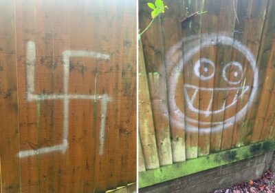 A swastika was among symbols painted on fencing in Corfe Mullen. Pictures: Facebook
