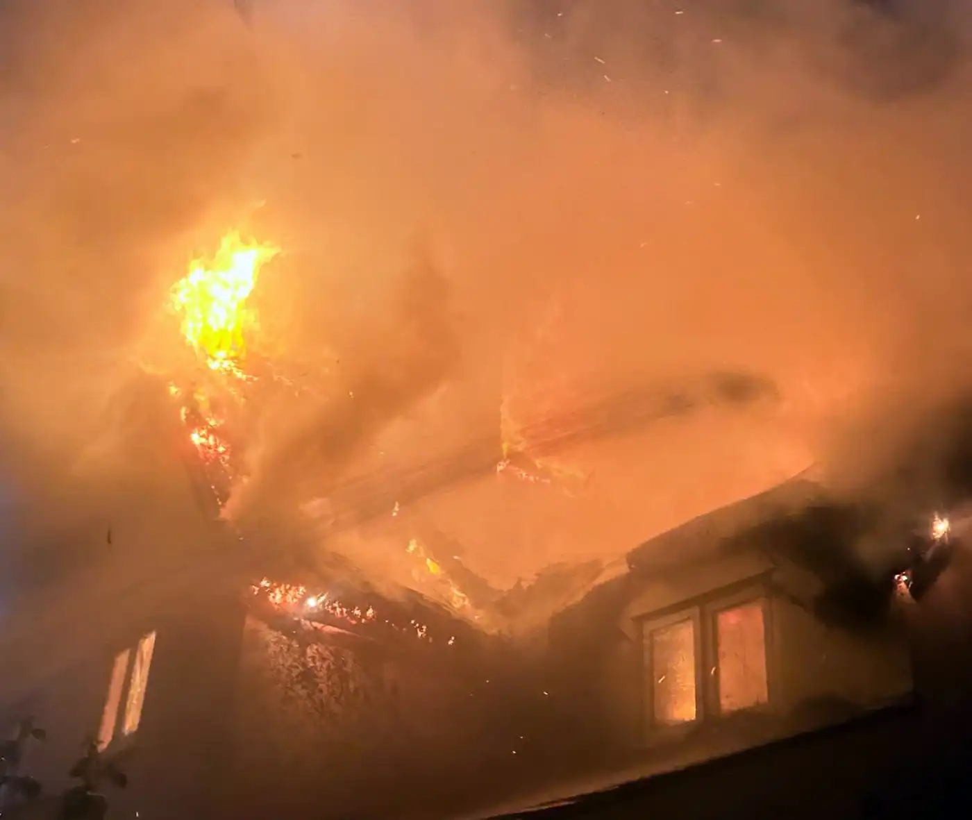 The fire, in thatched cottages, may have been started by a lightning strike. Picture: Swanage Fire Station