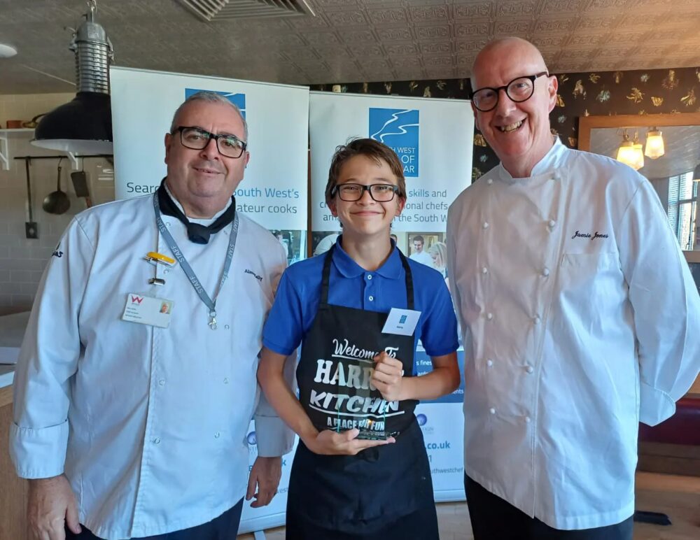 Dorset Junior Chef of the Year, Harry Mason, with judges Alan Kelly and Jamie Jones Picture: South West Chef of the Year