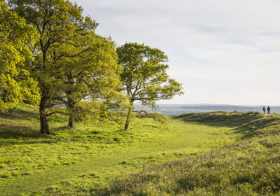 Visitors walking along the remains of the ramparts and ditches of the iron age hill fort at Badbury Rings, Dorset Picture: National Trust, James Dobson