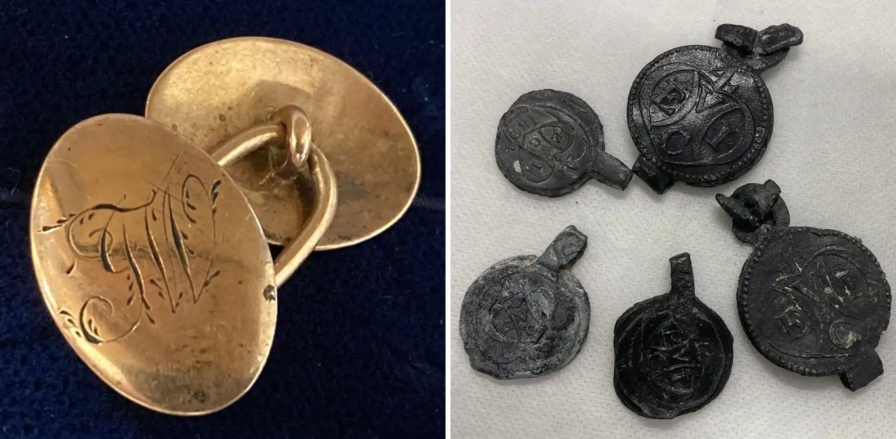 A cufflink believed to have belonged to John Wordsworth, left, and lead cloth seals recovered from the shipwreck. Pictures: Portland Museum Trust