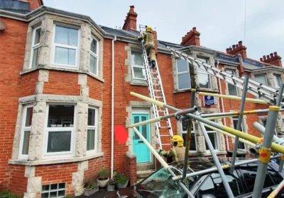 The scaffolding collapsed in Osborne Road, Swanage, this morning. Picture: Swanage Fire Station