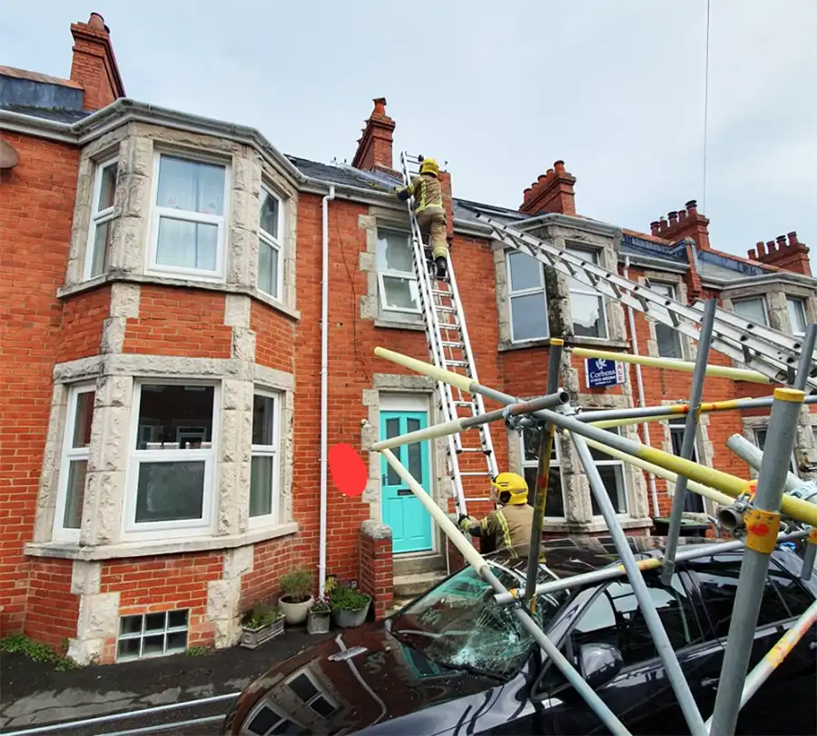 The scaffolding collapsed in Osborne Road, Swanage, this morning. Picture: Swanage Fire Station