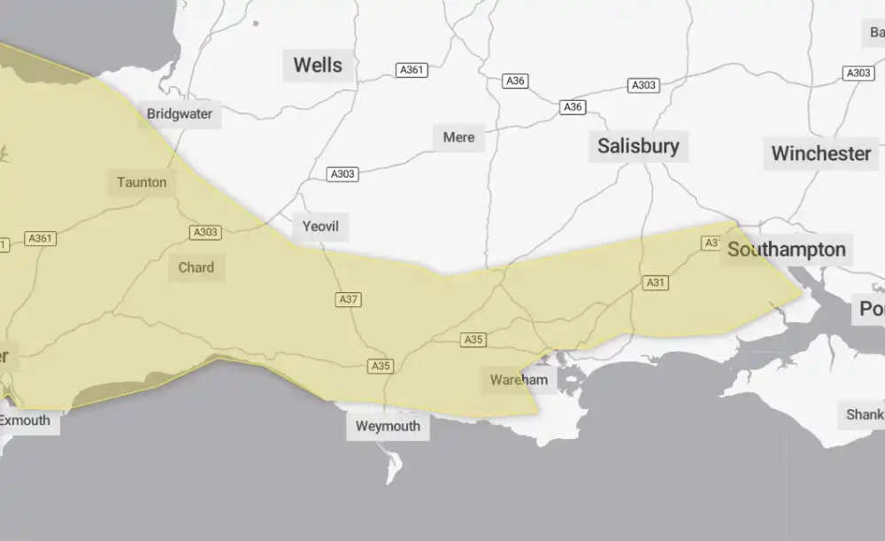 The Met Office warning covers much of Somerset, Wiltshire and Dorset. Picture: Met Office