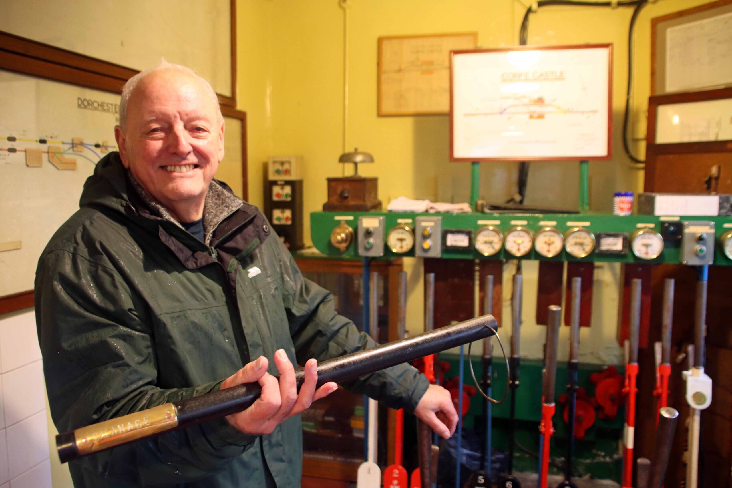 Bob Richards - 1972 last BR train signalling staff Corfe Castle - with signal box Picture: Andrew PM Wright