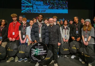 2024 winner Jared Agyekum and Mike Dolbear, front, with the Young Drummer of the Year 2024 finalists. Picture: Dave Hughes