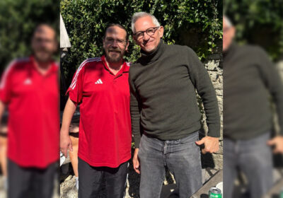 Gary Lineker posing with staff at The Greyhound Inn Picture: The Greyhound Inn