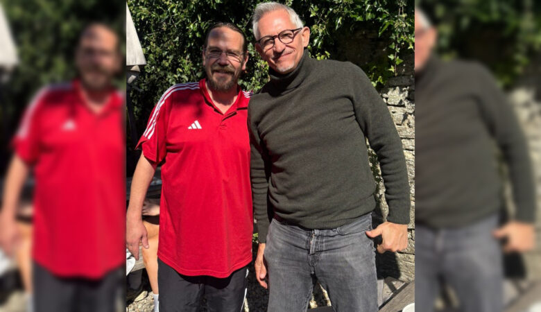 Gary Lineker posing with staff at The Greyhound Inn Picture: The Greyhound Inn