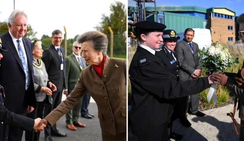 Left: Princess Anne meeting Dorset's chief constable Amanda Pearson and right, cadet Amber Loring-Arnot handing the Princess Royal flowers Picture: Dorset Police