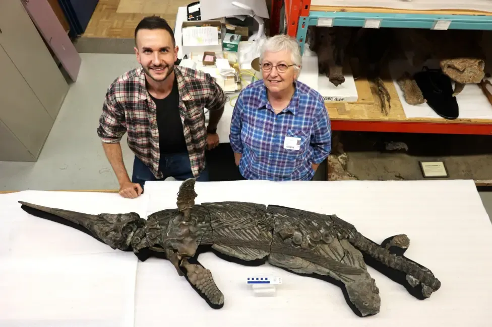 Experts Dr Dean Lomax and Professor Judy Massare with the skeleton Picture: Dr Dean Lomax